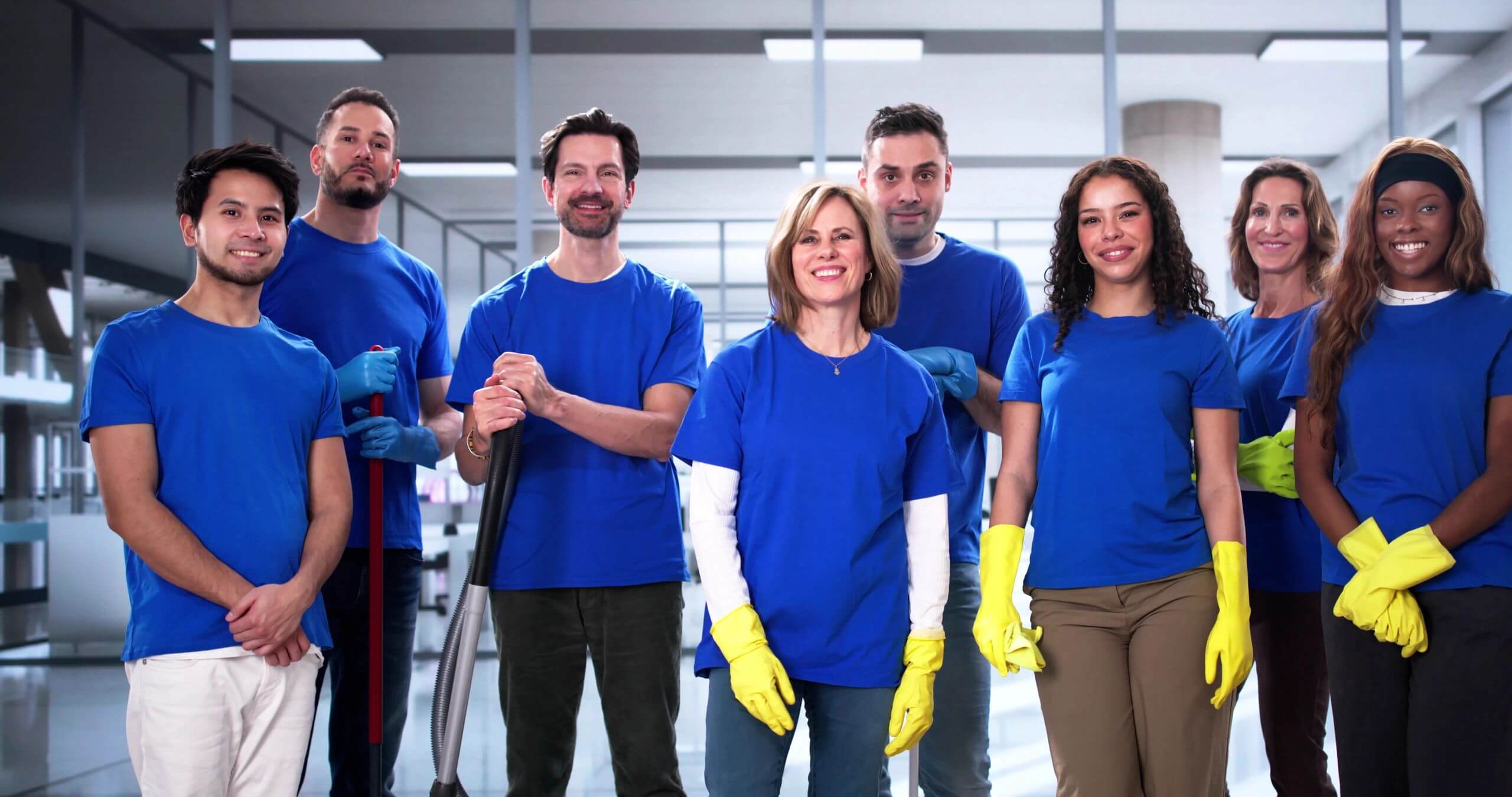 A team of five cleaning professionals in blue shirts and gloves, ready to work.