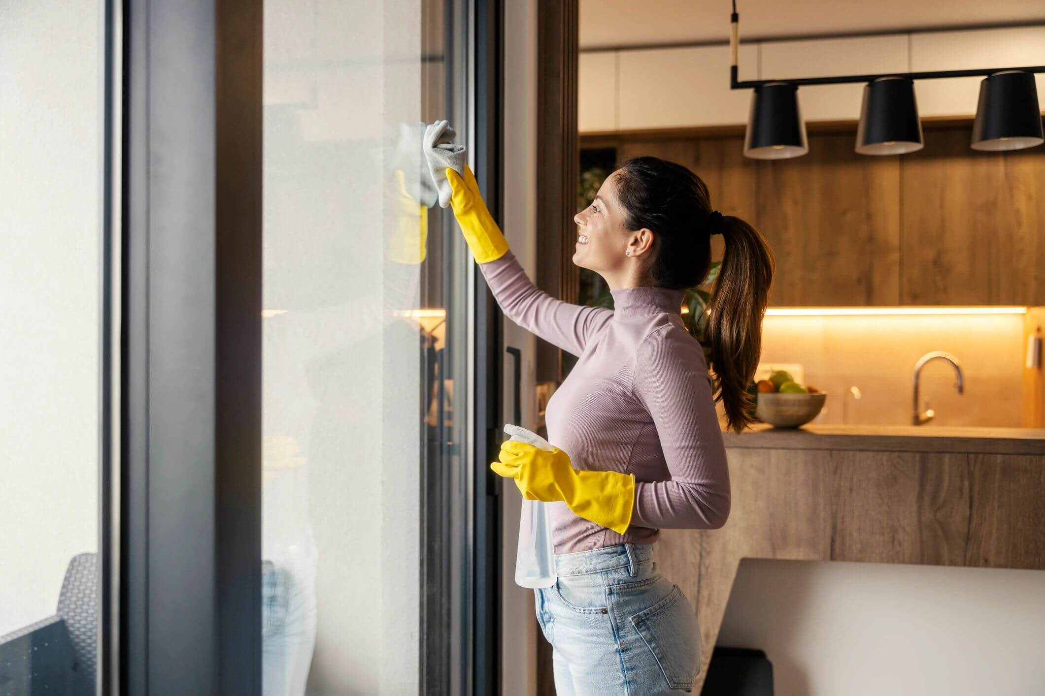 Woman cleaning a large window with a cloth wearing yellow gloves.