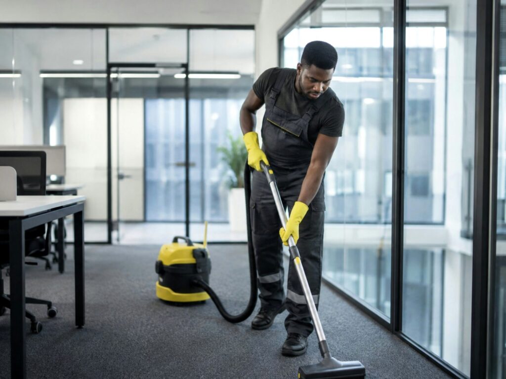 Cleaner in a black uniform and yellow gloves vacuuming a modern office.